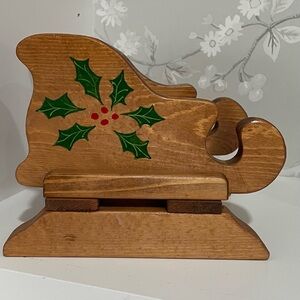 Handmade Handpainted Christmas Holiday Wood Slide Napkin Mail Holder Holly Sled